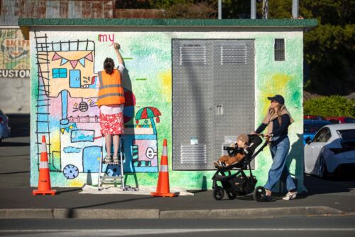 Picture by Tim Cuff - 27 May 2026 - Amy Adams painting a mural on Hardy Street for MakeShift Spaces, Nelson, New Zealand.