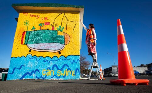 Picture by Tim Cuff - 27 May 2026 - Amy Adams painting a mural on Hardy Street for MakeShift Spaces, Nelson, New Zealand.